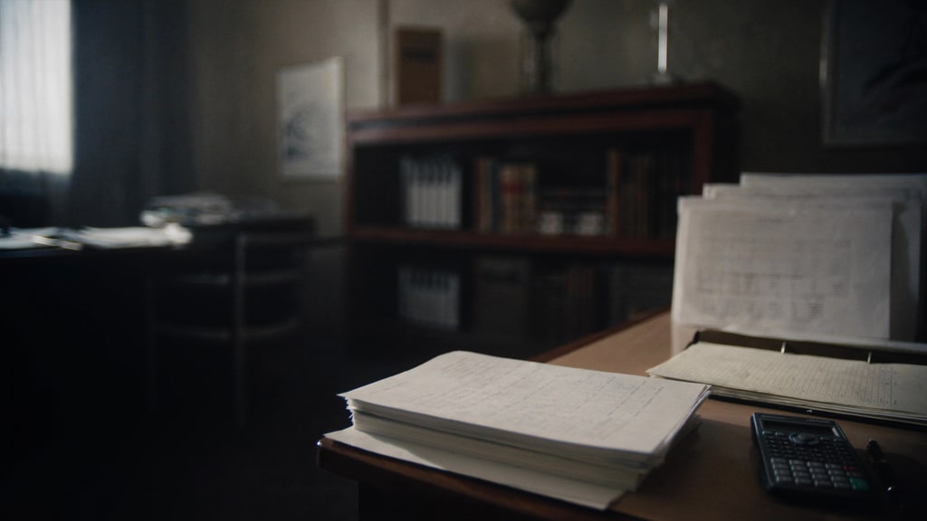 Paper ledgers and a calculator on a desk in a dimly lit accountancy office.
