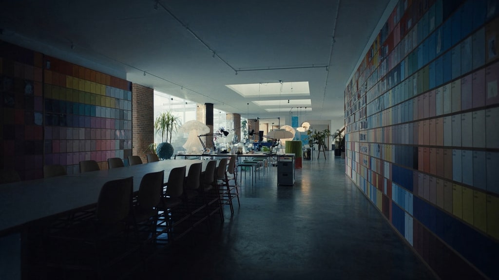 A creative studio with a long meeting table, work desks and walls covered in colour samples.