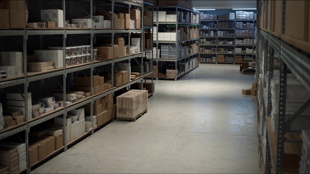 Warehouse aisles lined with shelves of boxes and packaged stock.