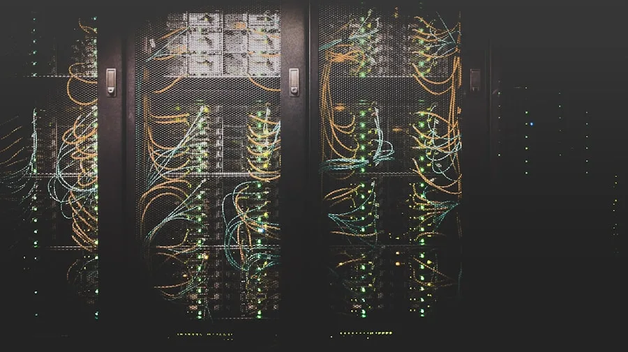 Rows of server racks and network equipment in a data centre