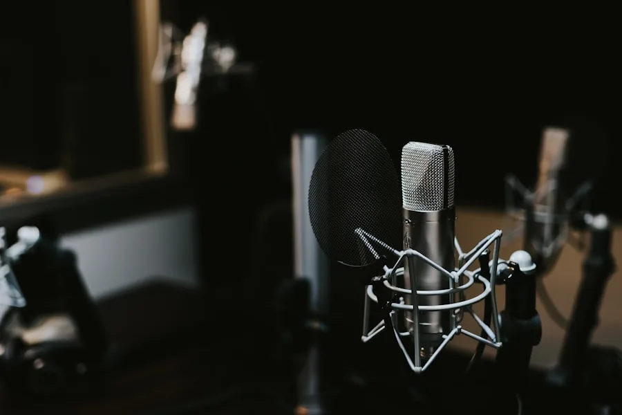 A studio microphone set up for a podcast recording
